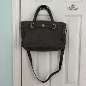 Tory Burch dark gray pebbled leather horsebit Jaden Satchel handbag